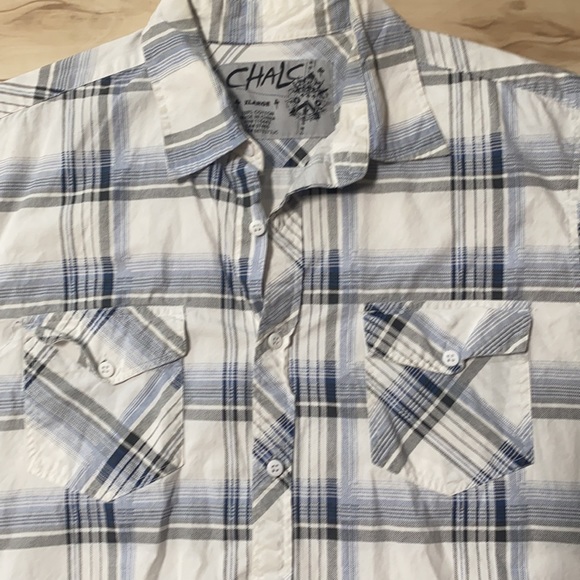 Chalc L White Plaid Button Front. Short Sleeves. - Picture 3 of 8